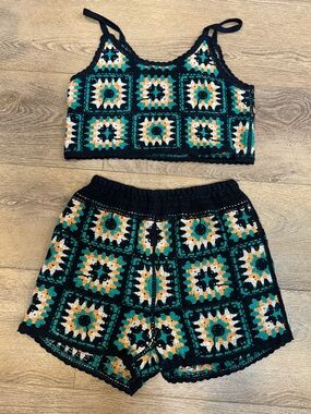 High-Waist Crochet Shorts Set - Black with Teal & orange